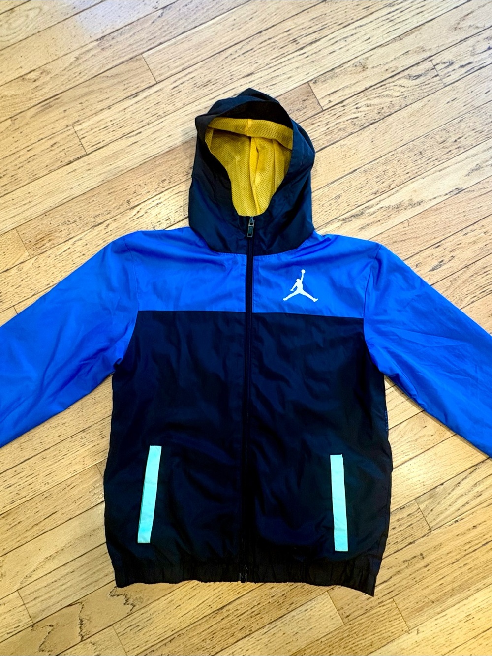 Jordan Blue and Black Hooded Boys Windbreaker with Yellow Lining